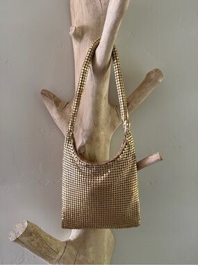 Gold Metal Mesh Evening Wrist Bag Y2K Party Bag Chinoiserie Brocade Lining
